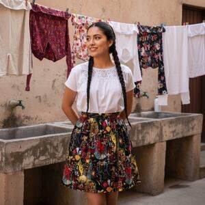 Mexican Waist Apron – Traditional Cotton Apron with Folk Print, Knee Length